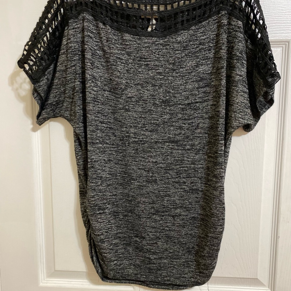 Cute top. Black and grey. Crochet sleeves